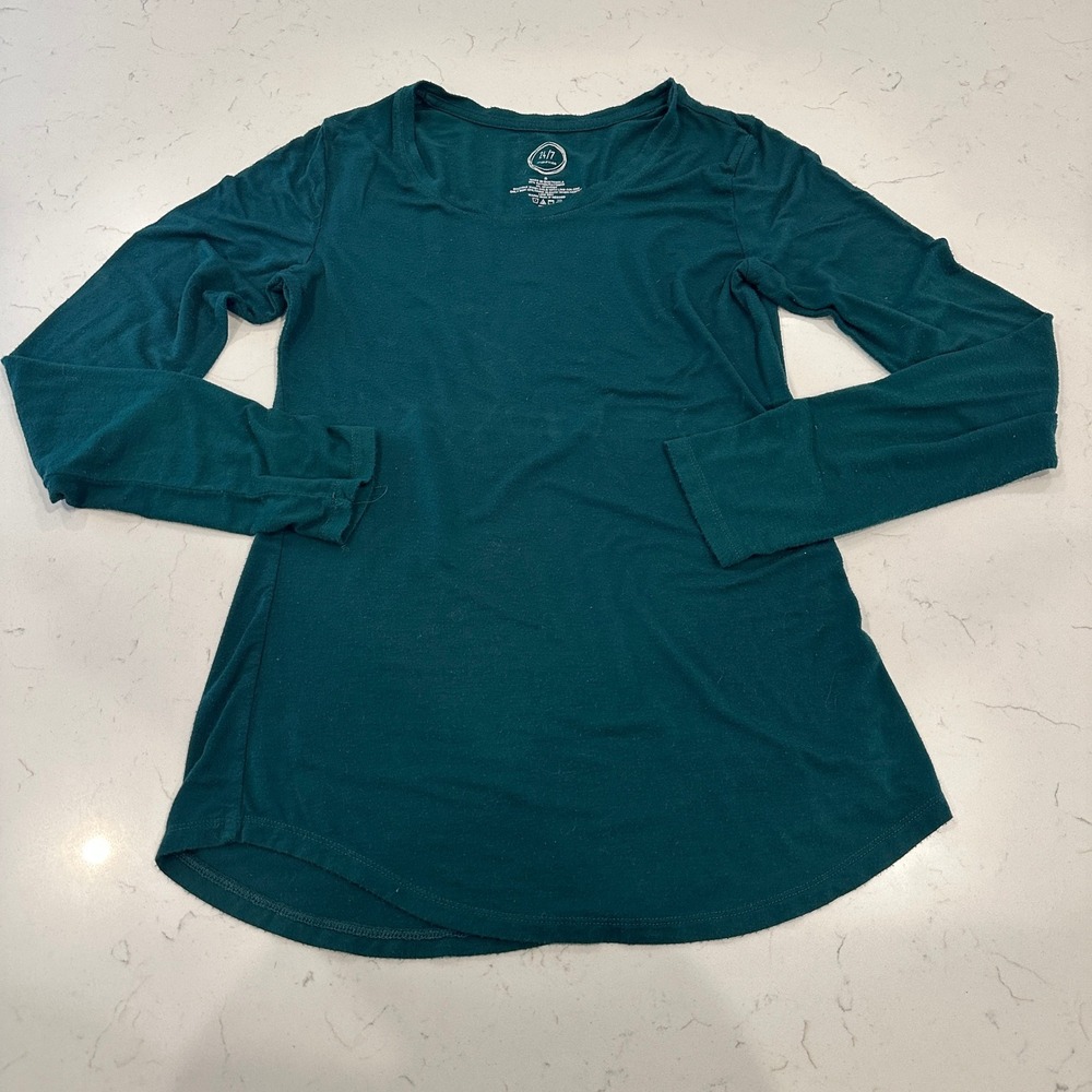 Maurices 24/7 Womens Teal Green Scoop Neck Long Sleeve Top Size Small